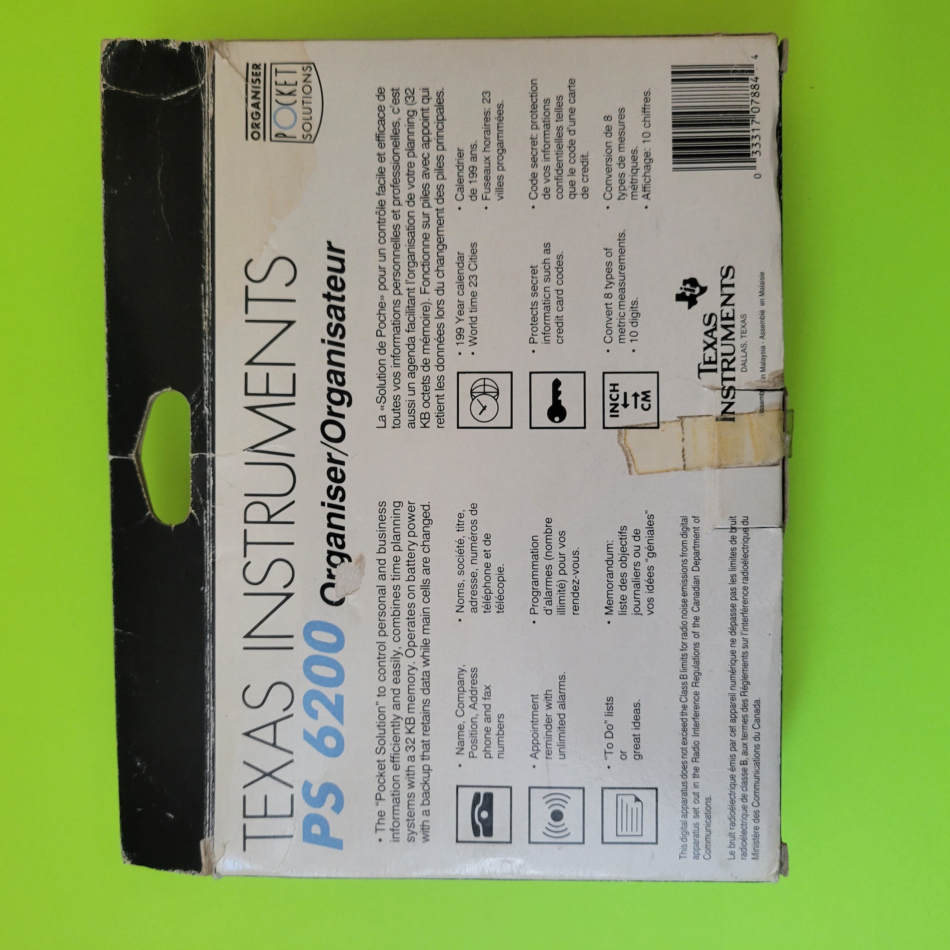 An image of the back of the box of a Texas Instruments PS-6200 personal organizer